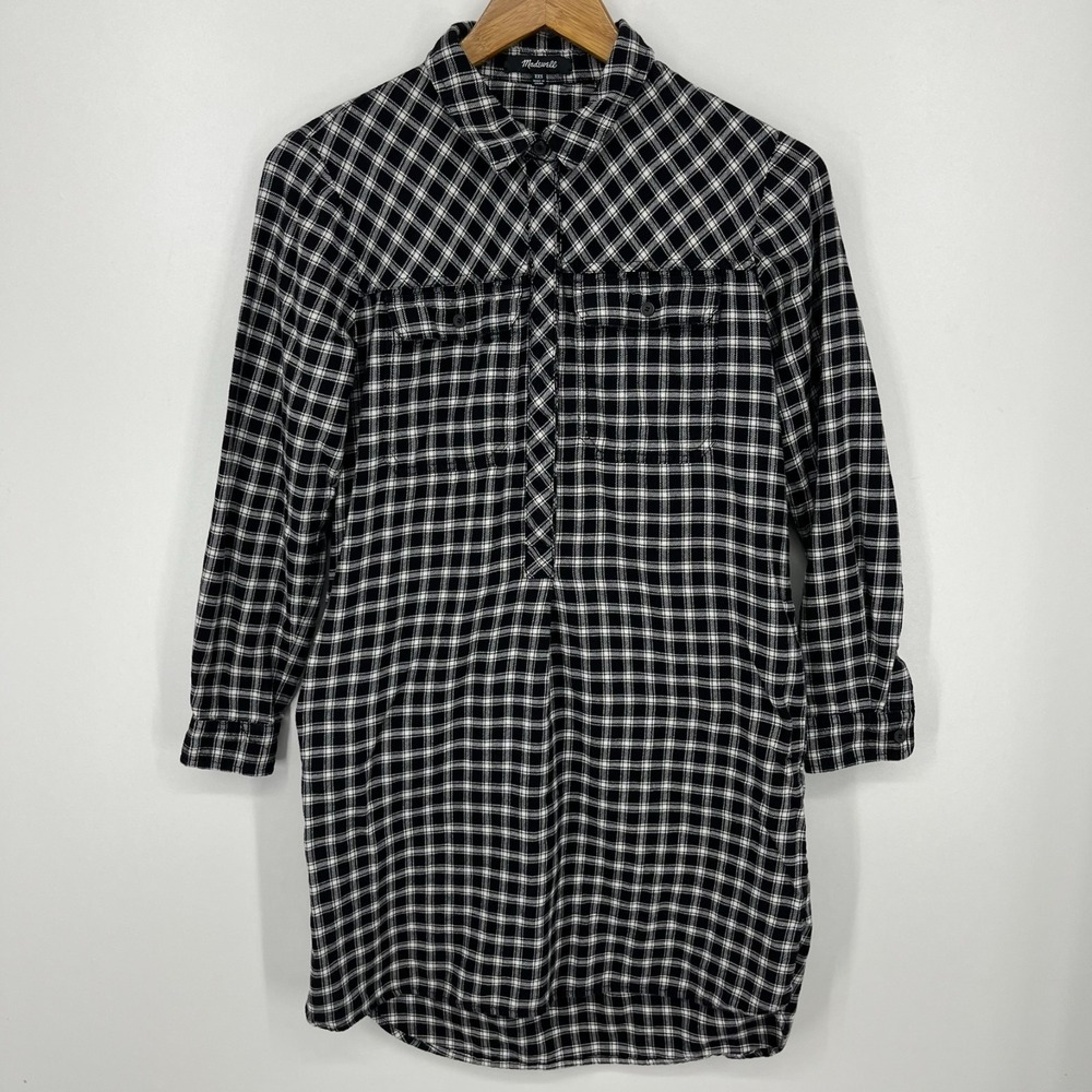 Madewell Latitude Flannel Shirt Dress Women's Size 2XS Black Plaid‎ Long Sleeve